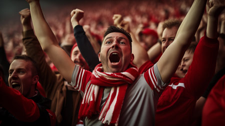 Excited football fans supporting national team in live soccer match at stadium. Generative AIの素材