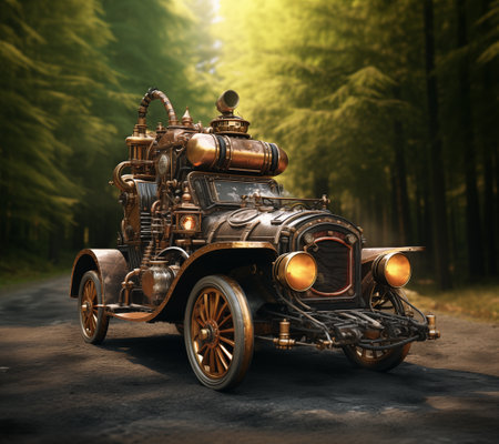 Vintage steampunk car with brass metallic mechanism on street at sunset. Elegance grunge automobile trendy obsolete style. Generative AIの素材