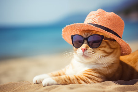 Cute cat wearing sunglasses and straw hat relaxing on the beach. Funny trendy fashion kitten rest and relax while sunbathing at tropical resort. Generative AIの素材