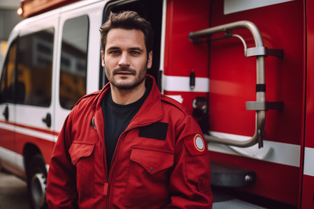 Portrait of man paramedic standing at ambulance car. Emergency service doctor at work. Generative AIの素材