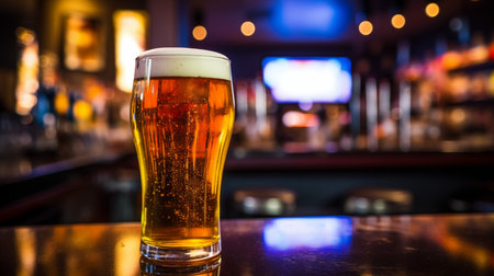 Glass of beer in sport pub desk counter. Football match broadcasting for fans concept. Generative Aiの素材