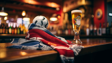 Football bar with soccer accessories, ball and beer glass on the counter. Sports fans supplies and place for game championship broadcasting. Generative AIの素材
