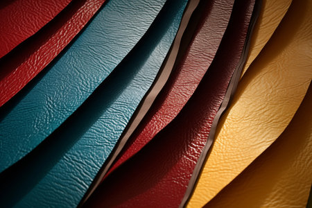 Different leather samples close-up. Colorful material for manufacture. Leather swatch. Generative AIの素材