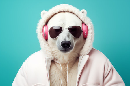 Cool polar bear wearing headphones and glasses relaxing. Cute wild white animal listening to music. Cool trendy mammal. Generative AIの素材