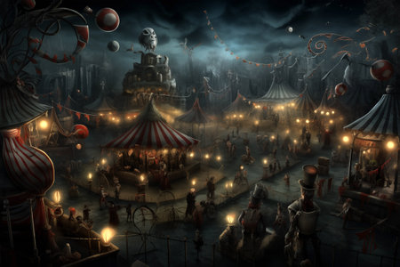 Creepy fantastic and mysterious night fair or freak circus with glowing lights of vintage lanterns high angle view. Generative AIの素材