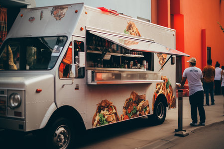 Urban food track outdoor. Take out food at summertime, business. Generative AIの素材