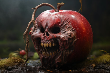 Scary rotten monster apple with sharp teeth in forest. Creepy red fruit imitation face outdoor. Generative AIの素材