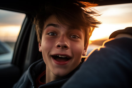 Portrait of happy smiling boy teenager sitting inside car. Cute cheerful child looking at camera. Trip by transport. Generative AIの素材
