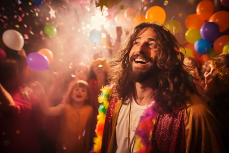 Happy Jesus having fun in party with kids. Cheerful man enjoying happy moment. Celebrating the fest together. Balloons and festive atmosphere. Generative AIの素材