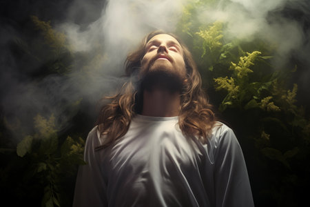 Tired Jesus sleeping in bushes in forest alone. Attractive man resting outdoor at nature. Man's face. Generative AIの素材