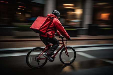 Delivery man riding on bicycle wearing uniform with backpack. Man in motion on blurred background. Fast speed. Generative AIの素材