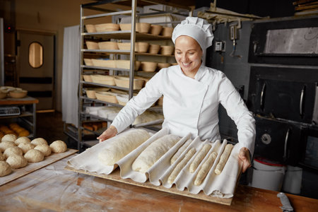 Woman baker or pastry cook making fresh bread in local bakeryの写真素材