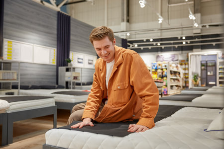 Handsome male customer sitting on new bed at furniture storeの写真素材