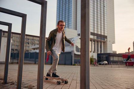 Cool guy commuter on skateboard over modern city background