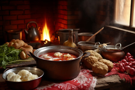 Cozy Ukrainian kitchen with steaming varenyky dumplings and pot of bubbling borscht. Generative AIの素材