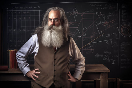Waist portrait of fatty senior grey-haired school or university professor standing at chalk blackboard. Generative AIの素材