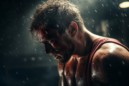 Dramatic shot emphasizing blood and sweat with a fighter wiping sweat during a break. Tired strong man at rain outdoor. Wounded in fight guy. Generative AIの素材