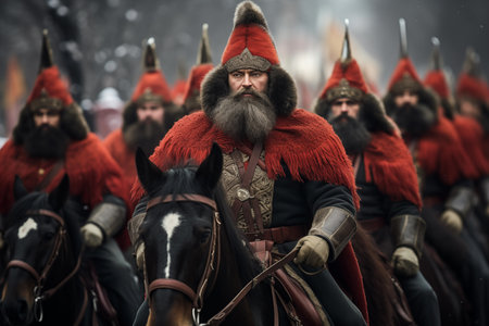 Cossack riders in parade displaying horsemanship. Brave warrior, ancient army soldier in traditional clothes riding horse. Generative AIの素材