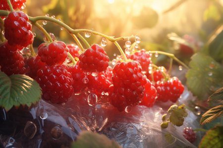 Branch of ripe raspberry with dew on green leaves growing at agricultural garden. Healthy natural food harvest. Generative AIの素材