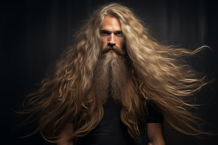 Attractive young long hair and beard guy on black background. Attractive sexy man portrait isolated. Stylish male person looking at camera. Generative AIの素材