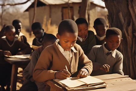 African children doing their homework outdoor at school. Educational disparities in access. Convey the challenges faced by underserved communities in accessing education. Generative AIの素材