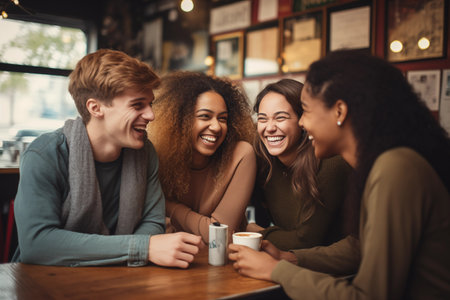 Laughing cheerful friend sitting in cafe with cups of coffee and having fun. Group of smiling happy people enjoying moment together. Real friendship. Generative AIの素材