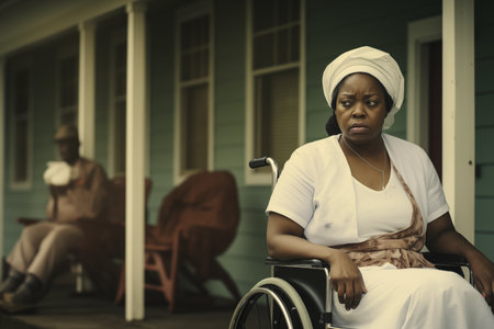 Unhappy woman on wheelchair near house outdoor. Healthcare disparities. Showcase the challenges faced by marginalized communities. Generative AIの素材