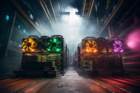 Colorful GPU crypto mining farm rigs in industrial setting. Cryptocurrency farm with super computers mainboard in smoky dark hall. Generative AIの素材