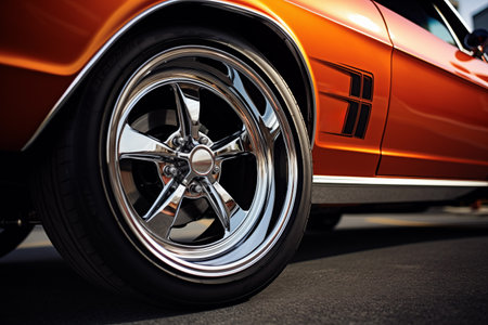 Detail shot of custom aftermarket wheels and tires of luxury retro muscle car, adding touch of personalization and performance enhancement. Generative AIの素材