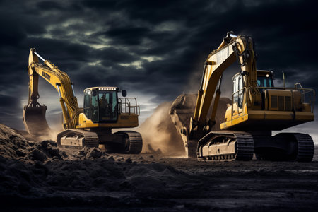 Epic view of industrial excavator standing on construction site. Profession powerful industrial machine outdoor at night. Generative AIの素材