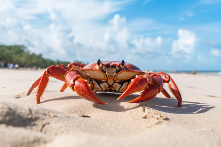 Red king crab crawling on a sandy beach, with waves crashing in the background. Small sea predator on the seashore on island. Generative AIの素材