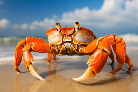 King crab crawling on a sandy beach, with waves crashing in the background. Small sea predator on the seashore on island. Generative AIの素材