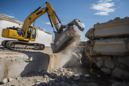 Excavator equipped with a hydraulic hammer attachment. Yellow industrial machine breaking through rock and concrete with ease during a road construction project. Generative AIの素材