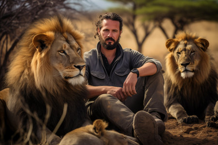 Man sitting calmly amidst a pride of lions, exuding a sense of mutual respect and understanding in the savanna landscape. Calm concept of peaceful guy with pride at wild nature. Generative AIの素材
