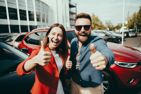 Buyers posing for a photo in front of their newly purchased car, excitedly displaying satisfaction. Happy lovely couple with thumbs up smiling nearly their new car. Goal achieved. Generative AIの素材