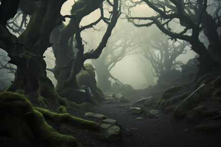Mystical forest shrouded in mist, believed to be the home of mythical creatures and spirits. Enchanted majestic creepy place. Nature landscape. Generative AIの素材