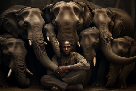 Man nestled within a group of elephants, their gentle giants forming a protective circle around him, demonstrating their deep trust and affection. Generative AIの素材