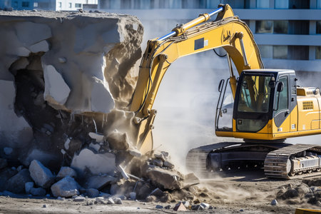 Excavator equipped with a hydraulic hammer attachment. Yellow industrial machine breaking through rock and concrete with ease during a road construction project. Generative AIの素材