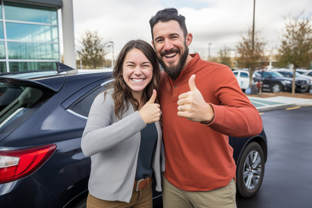 Happy buyers posing for a photo in front of their newly purchased car, excitedly displaying satisfaction. Happy lovely couple with thumbs up smiling nearly their new car. Goal achieved. Generative AIの素材