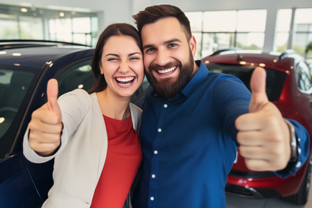 Happy buyers posing for a photo in front of their newly purchased car, excitedly displaying satisfaction. Happy lovely couple with thumbs up smiling nearly their new car. Goal achieved. Generative AIの素材