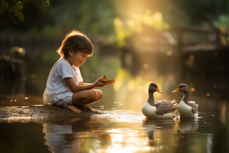 Experienced little toddler child feeding ducks at tranquil pond. Environmental and loving nature education for children concept. Generative AIの素材