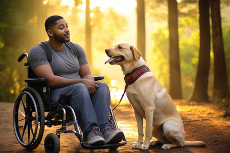 Male person in wheelchair and his friendly service dog. Portrait of man and assist puppy on peaceful natural park background. Mental health and physical rehabilitation with help of pets. Generative AIの素材