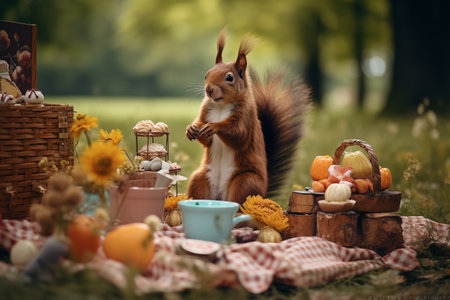 Picnic in park with curious playful squirrel eating human food. Picnic in natural public park. Generative AIの素材