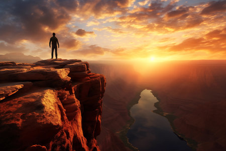Alone tourist standing at edge of high cliff overlooking vast canyon bathed in warm glow of sunset. Awe and wonder at the grandeur of the natural landscape. Travel adventure lifestyle. Generative AIの素材