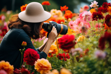 Woman holding photo camera practicing photography in vibrant flower garden capturing intricate beauty of petals and blooms, reveling in splendor of nature palette. Generative AIの素材