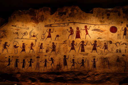 Texture of intricate Egyptian pictures depicting scenes of daily life. Insight into ancient civilizations of prehistoric period. Generative AIの素材