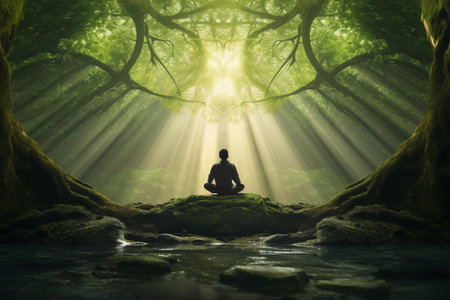 Zen-like woman meditating beneath canopy of ancient trees feeling grounded and connected to earth. Mindfulness, yoga practice and healthcare concept. Generative AIの素材