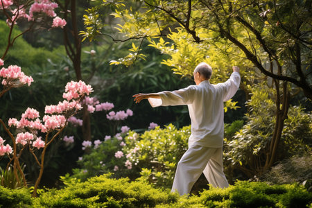 Mature man practicing tai chi in peaceful garden surrounded by blooming flowers and gentle rustle of leaves. Harmonizing body and mind with rhythm of natural world. Generative AIの素材