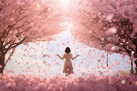 Young woman admiring field of blooming cherry blossoms in springtime. Charming girl in blooming garden. Romantic relaxation and mindfulness scene. Generative AIの素材