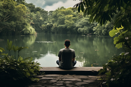 Young man sitting peacefully by tranquil lake surrounded by lush greenery. Slow living concept. Generative AIの素材